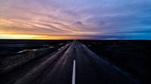 road, marking, sunset