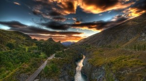 road, river, mountains, sky, clouds, colors, black, from above
