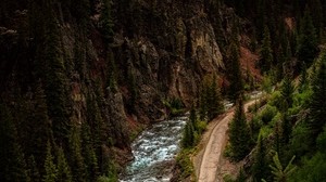 road, river, top view, forest, cliff