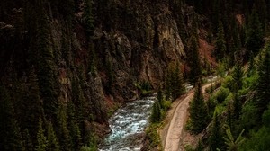 strada, fiume, vista dall’alto, foresta, scogliera