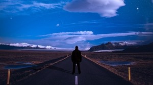 road, northern lights, starry sky, marking, man - wallpapers, picture