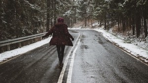 road, silhouette, trees, turn, snow, asphalt, wet - wallpapers, picture