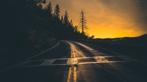 road, slope, turn, sunset, dusk, glow, asphalt, road marking