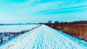 road, snow, traces, field, winter, landscape