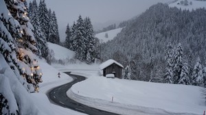 camino, nieve, invierno, vuelta