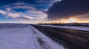 road, snow, winter, sky, horizon