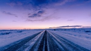 road, snow, winter, direction, horizon, dusk