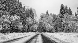 road, snow, winter, mountain, valley