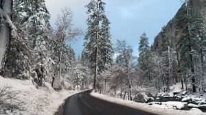 road, snow, winter, turn, valley, landscape