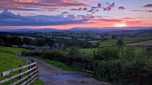 strada, discesa, scherma, a casa, sera, tramonto, cielo, nuvole, paesaggio, silenzio