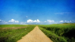 road, grass, summer, sunny, sky, clouds - wallpapers, picture