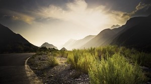 道路、草、マーキング、夜明け、山