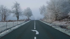 road, fog, asphalt, arrow, hoarfrost, marking - wallpapers, picture