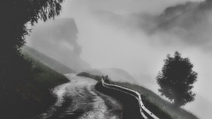 road, fog, mountains, trees, black and white (bw)