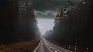 road, fog, clouds, cloudy, cars, trees