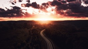 road, sunset, sky, trees, forest, top view