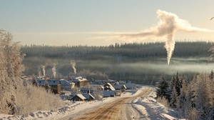 road, winter, houses, country, village, smoke, firebox
