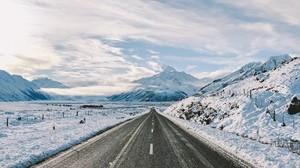 road, winter, mountains, marking, asphalt, snow