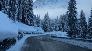 road, winter, snow, turn, mountains, trees