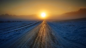 road, winter, snow, sunset, horizon