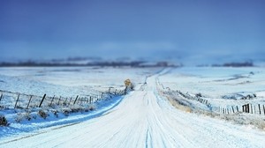 road, sign, snow, winter, fencing, stakes, field