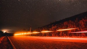road, starry sky, night, direction
