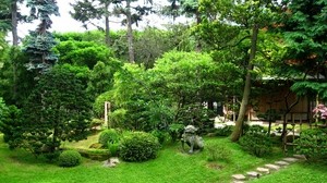 walkway, garden, statue, stones, lawn, green - wallpapers, picture