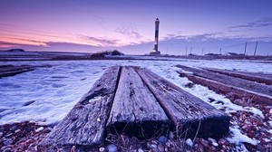 boards, lighthouse, stones, snow, grass, dying - wallpapers, picture