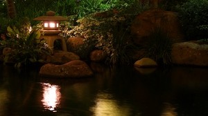 lantern, pond, light, china, stones, reflection, night, vegetation - wallpapers, picture