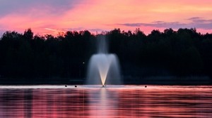 suihkulähde, järvi, auringonlasku, puut