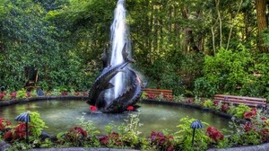 fountain, fish, garden, vegetation, benches