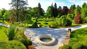 fountain, benches, garden, center, shadows, clear - wallpapers, picture