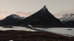 fjord, mountains, bridge, crossing, lofoten, norway - wallpapers, picture