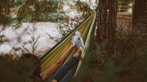 吊床，腿，露营，休息，森林，旅行