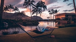 hammock, lake, palm trees, mountains, recreation - wallpapers, picture