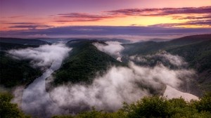 ドイツ、川、ループ、ベンド、霧、夕方、日没