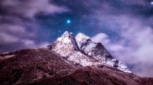 himalayas, mountains, peak, starry sky, clouds, snowy