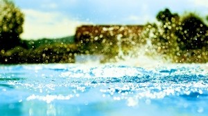 blue water, drops, spray, macro - wallpapers, picture