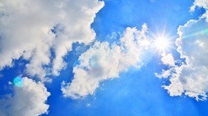 blauer himmel, sonne, lichtschein, wolken, tag, luftig