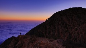 mountain, man, loneliness, clouds, al-baha, saudi arabia