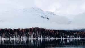 mountain, trees, lake, snow, winter, sky