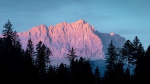 mountain, trees, fog, dusk, landscape - wallpapers, picture