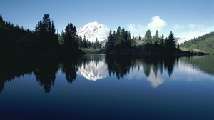 mountain, trees, peak, snow, ate, reflection, shadow, river