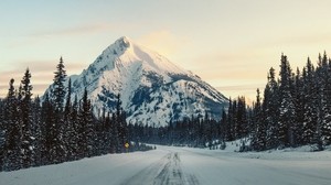 mountain, road, snow, winter, trees, landscape