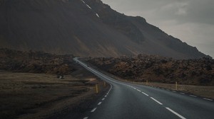 mountain, road, fog, asphalt, marking