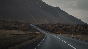 山、道路、霧、アスファルト、マーキング