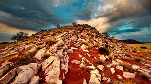 mountain, rocky, sand, sky, from below - wallpapers, picture