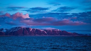 mountain, sea, clouds, purple, iceland - wallpapers, picture