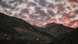 mountain, clouds, village, forest, trees, sunset