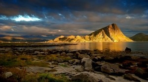mountain, lighting, shore, rocky, grass, sky, clouds, thick, clearance